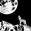 The wolf howls at the moon against the background of abstract mountains. Engraving style. Black ink brush texture. Black Royalty Free Stock Photo