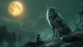 A wolf howls at the moon on a hill under the night sky Royalty Free Stock Photo