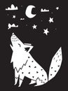 Wolf howls at the moon in the night. Monochrome scandinavian vector illustration in simple style