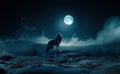 the wolf howls at night at the moon on the rock Royalty Free Stock Photo