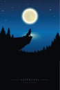 Wolf Howls To The Full Moon In A Starry Night By Lake