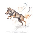 wolf jumping in cartoon style. Cute Little Cartoon wolf hunting isolated on white background. Watercolor drawing, hand-drawn wolf