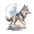 wolf jumping in cartoon style. Cute Little Cartoon wolf hunting isolated on white background. Watercolor drawing, hand-drawn wolf