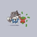 Wolf jumping for joy with hat of money