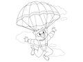 Wolf jumps with a parachute, flying in the sky. Vector isolated, children coloring book.