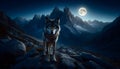 A wolf is looking at camera at night, mountain background with full moon. Royalty Free Stock Photo