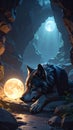 Wolf lying in cave with moonlight Royalty Free Stock Photo