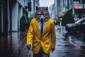 Wolf man dressed in gray suit with jacket, yellow shirt and tie on business street