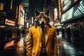 Wolf man dressed in yellow suit with jacket, white shirt and tie on business street