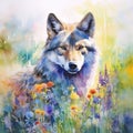 wolf in the meadow colorful watercolor painting,generated by AI