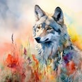 wolf in the meadow colorful watercolor painting,generated by AI