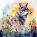 wolf in the meadow colorful watercolor painting,generated by AI