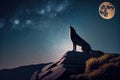 wolf, with the moon and stars above, on a mountaintop lookout Royalty Free Stock Photo