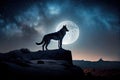 wolf, with the moon and stars above, on a mountaintop lookout Royalty Free Stock Photo