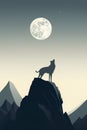 Wolf on the mountain at night with full moon. Vector illustration.