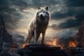 Wolf in the mountains against the background of the evening sky. 3d rendering, wolf standing rock front full moon magic realism