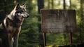 Wolf near blank wooden transparent in forest, copy space, concept of wolf protection