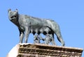 She-wolf nursing twins while founders of Rome with blue sky back