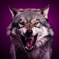 Wolf open mouth, studio shoot concept on purple background