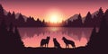 Wolf pack at beautiful purple forest and lake nature landscape at sunrise