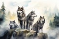 wolf pack in forest landscape watercolor AI generated Royalty Free Stock Photo