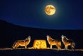 A wolf pack howling at a full moon made of cheese. Royalty Free Stock Photo