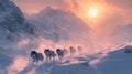 Wolf Pack Running Through Snowy Mountain Range at Sunset Royalty Free Stock Photo