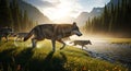 Wolf Pack Running Through Wilderness at Golden Hour Royalty Free Stock Photo