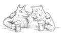 Wolf and pig hugged and raised glasses with beer. Flat cartoon color icon