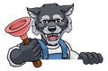 Wolf Plumber Cartoon Mascot Holding Plunger Royalty Free Stock Photo