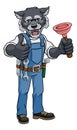 Wolf Plumber Cartoon Mascot Holding Plunger