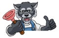 Wolf Plumber Cartoon Mascot Holding Plunger