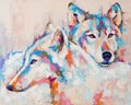Wolf portrait painting in multicolored tones. Conceptual abstract painting of a couple wolves. Closeup painting by oil