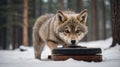 A Curious Wolf Pup Investigating a Tire in a Snowy Winter Forest Royalty Free Stock Photo