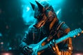 Wolf Rock guitarist plays solo on an electric guitar. AI generated