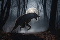 Wolf running in a foggy forest with full moon in the background Royalty Free Stock Photo