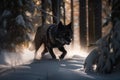 wolf running through snow-covered forest, its black coat shimmering in the light Royalty Free Stock Photo