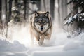 wolf running through snow-covered forest, its breath visible in the cold air