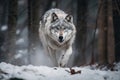 wolf running through snow-covered forest, its breath visible in the cold air