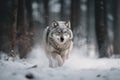 wolf running through snow-covered forest, its breath visible with each exhale