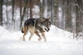 wolf running through snow-covered winter forest Royalty Free Stock Photo