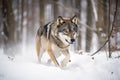 wolf running through snow-covered winter forest Royalty Free Stock Photo