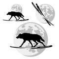 Wolf, samurai katana sword and full moon disk vector silhouette design set