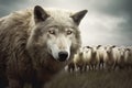 A wolf in sheep\'s clothing amidst a flock of unsuspecting sheep, symbolizing deception and disguise