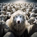 Wolf in sheep\'s clothing in the herd of sheeps Royalty Free Stock Photo