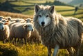 Wolf in sheep\'s clothing near a flock of sheep in a sunny pasture