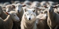 Wolf In Sheep's Clothing. One Wolf Hidden In Sheep Flock. Predator Among Sheep Herd. Generative AI Royalty Free Stock Photo