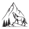 Wolf silhouette howling at mountain vector, black and white, nature print Royalty Free Stock Photo