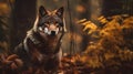 Wolf sit, observe, and hunting in the woods forest