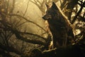 A wolf sits on a tree in the forest. solar light